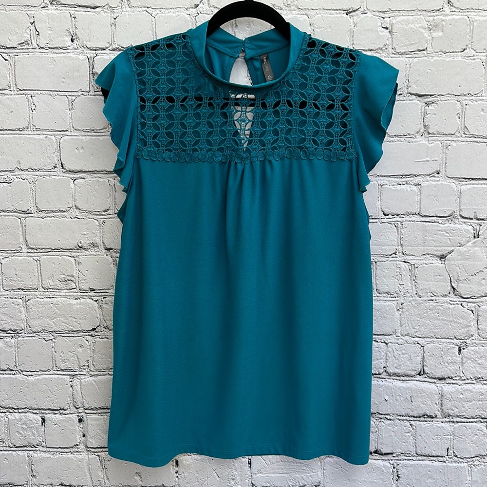 Massini Teal Flowy Top with Knitted Cut Out Detail and Flutter Sleeve Women’s XL